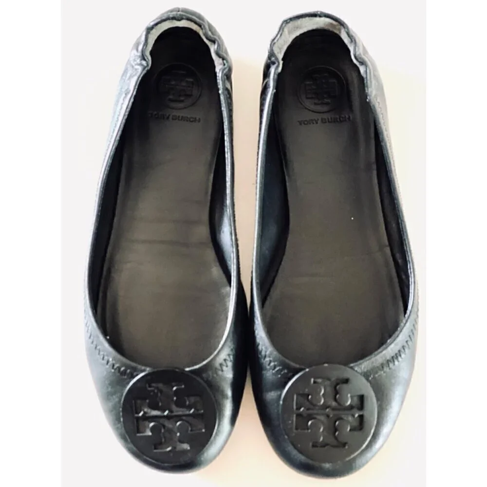 Tory Burch Minnie Travel Ballet Flats 6.5 Black Napa Leather Logo Shoes‎